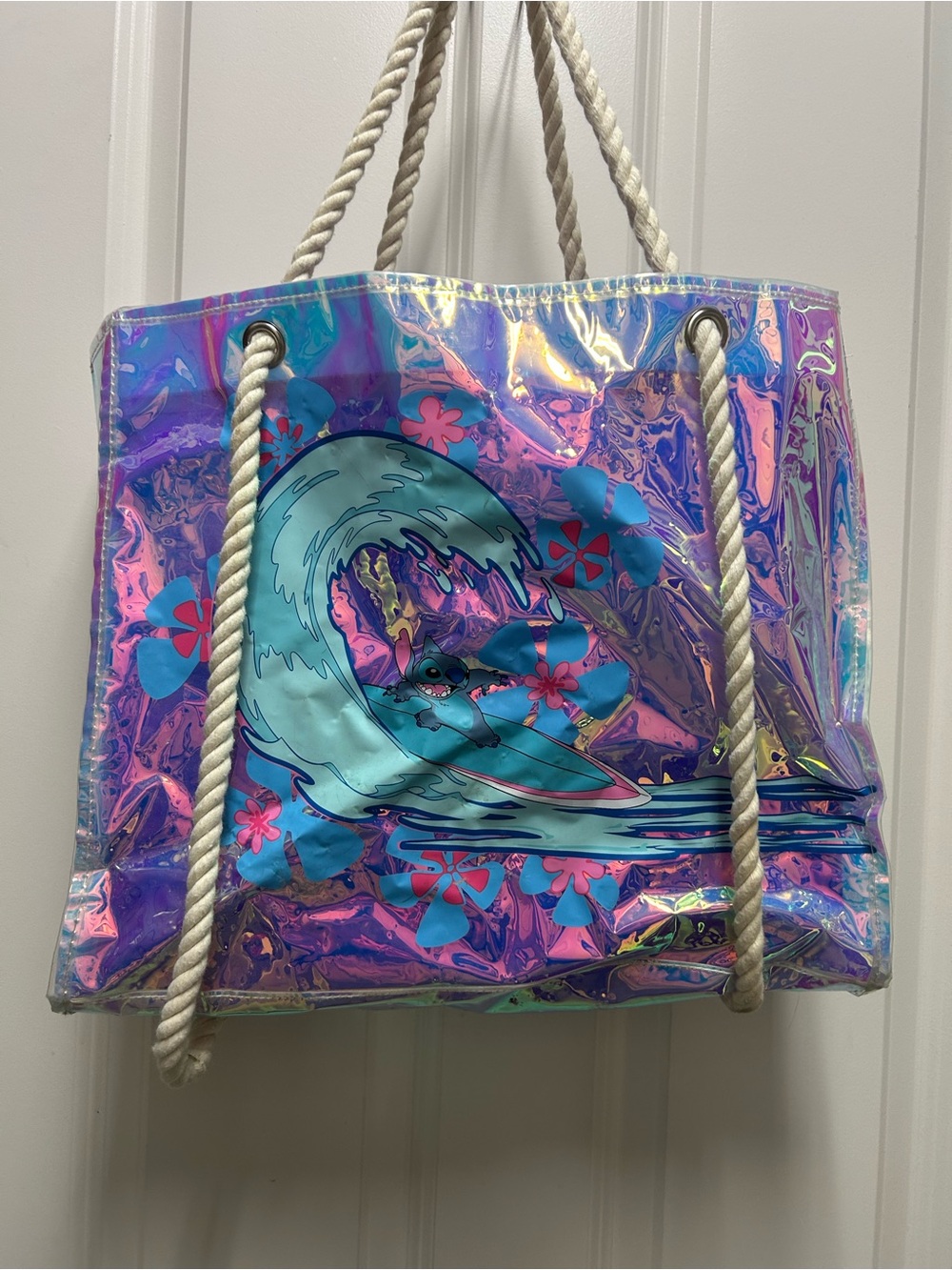 Disney Stitch Iridescent Holographic Beach Tote Bag Rope Handles